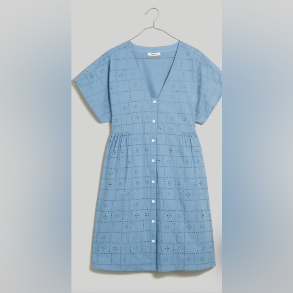 Madewell Tranquil Lake Blue Eyelet Button Front V-Neck Mini Dress SIZE XL - Picture 4 of 10